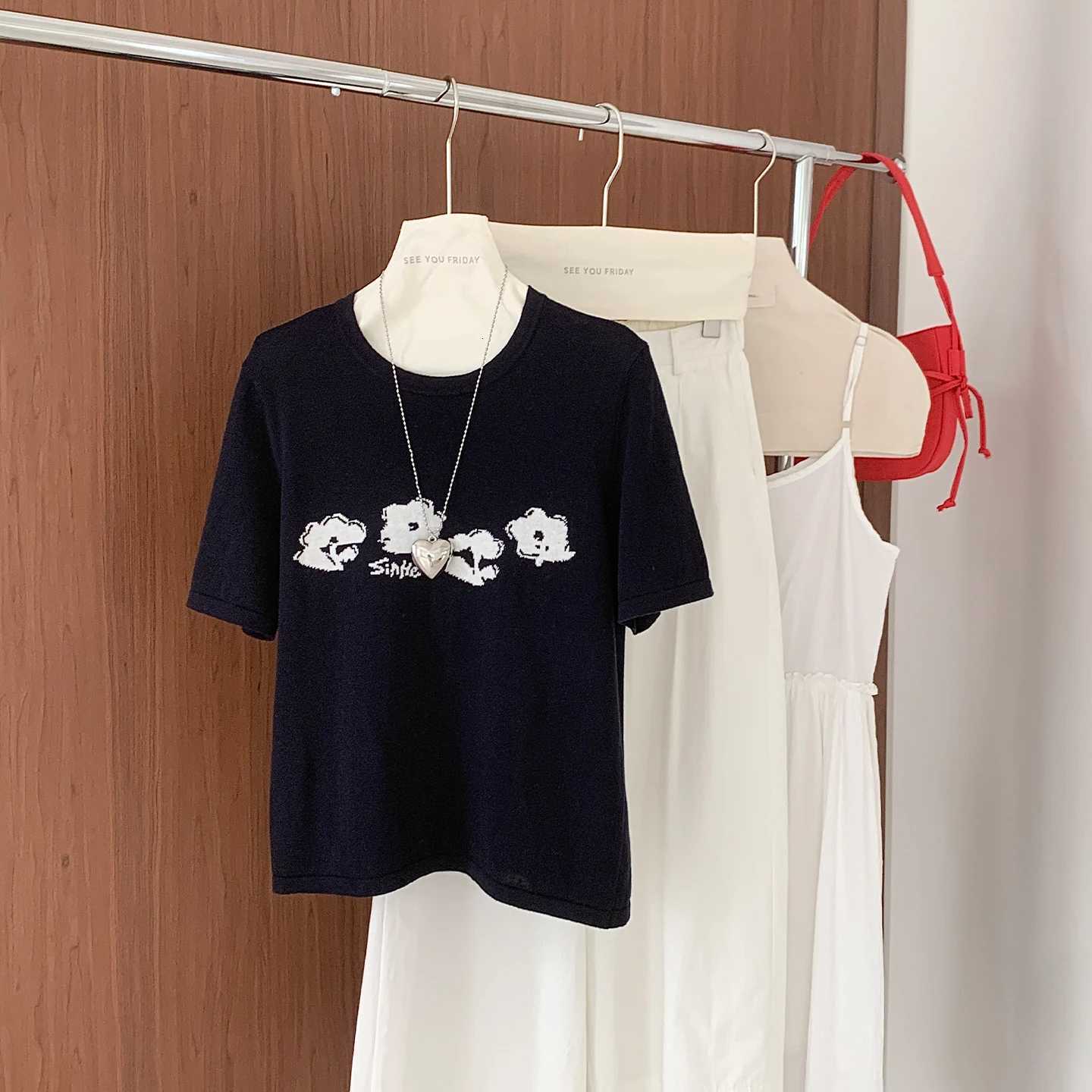 Spring and summer womens round neck pure cotton knitted short sleeved T-shirt womens half sleeved loose and versatile topT260317