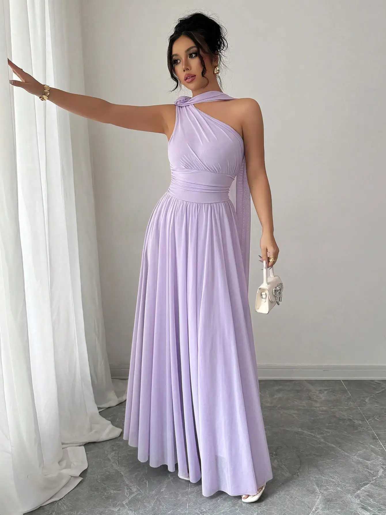 Lavender One-Shoulder Flowing Maxi Dress with Draped Neck and Pleated SkirtXJ260318