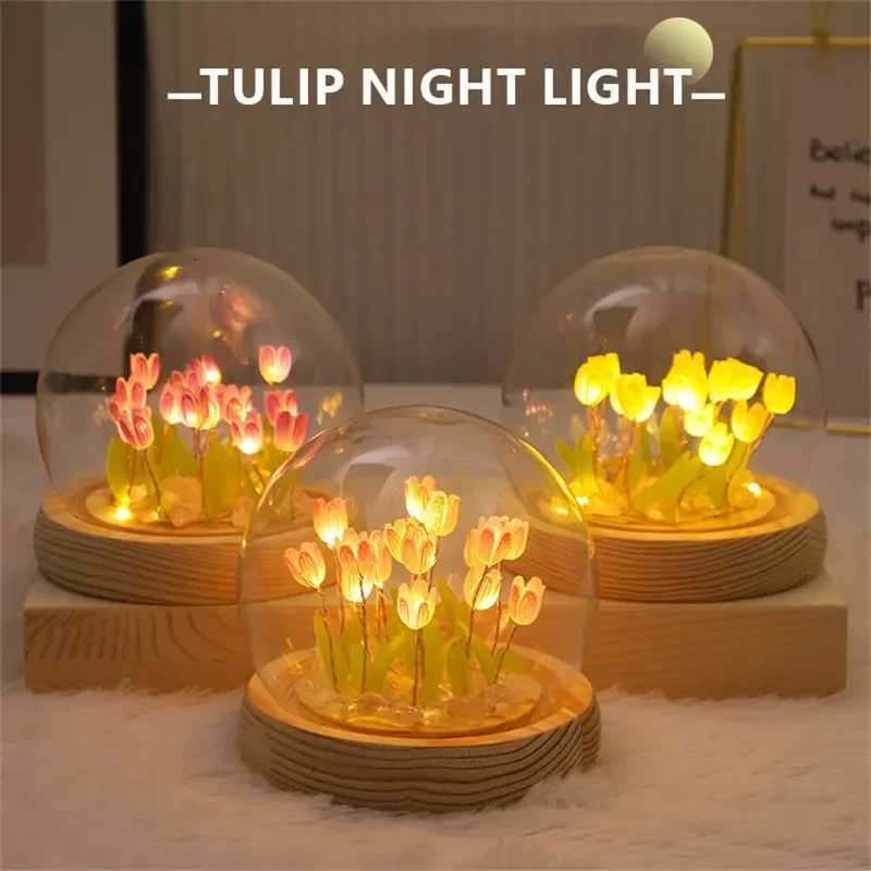 Artificial Tulip Flower Night Light Handmade DIY Bedside Lamp LED Night Lamp Bedroom Decor Christmas Birthday Gifts Table Lamp H260318
