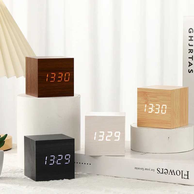 Digital LED Alarm Clock Square Wooden Retro Luminous Clock Desktop Decoration Voice Control Function Desktop Clock D260318