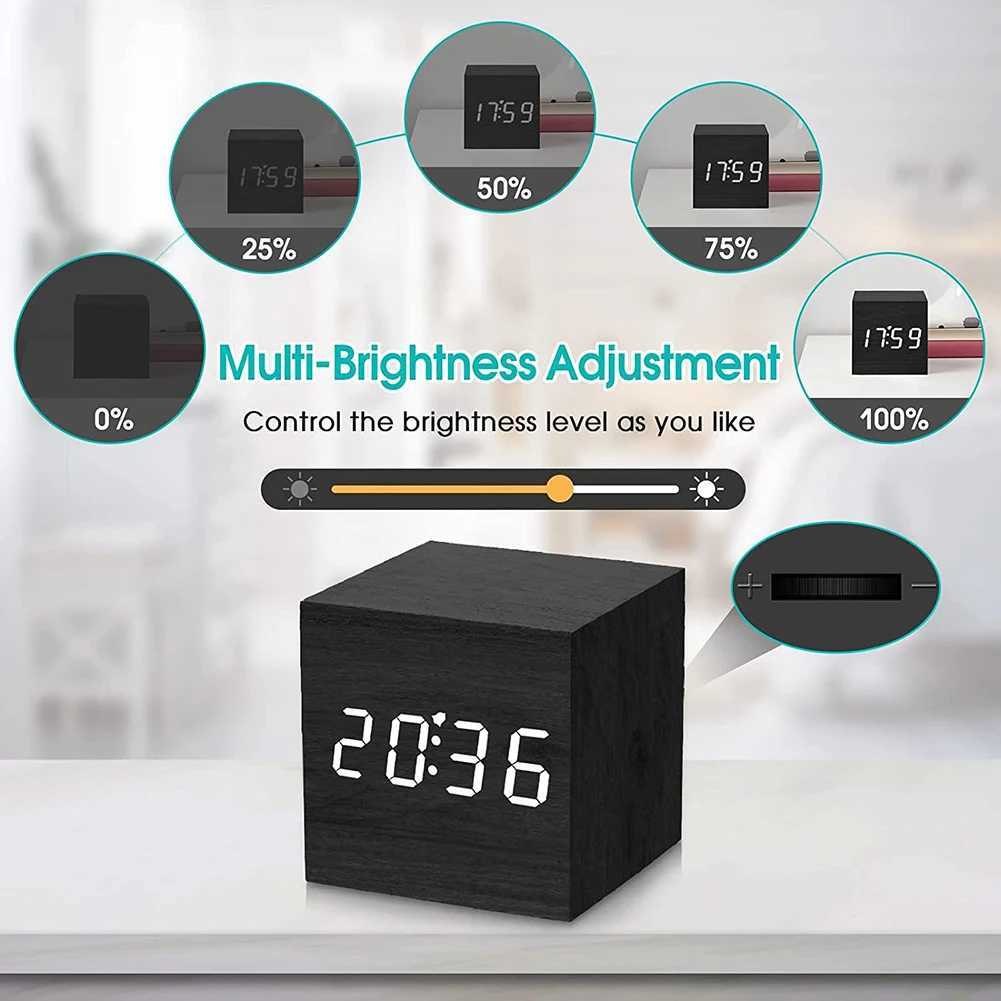 Wooden Digital Alarm Clock with Temperature LED Bedside Clock USB/Battery Powered LED Clock Art Ornament for Office Room Decor D260318
