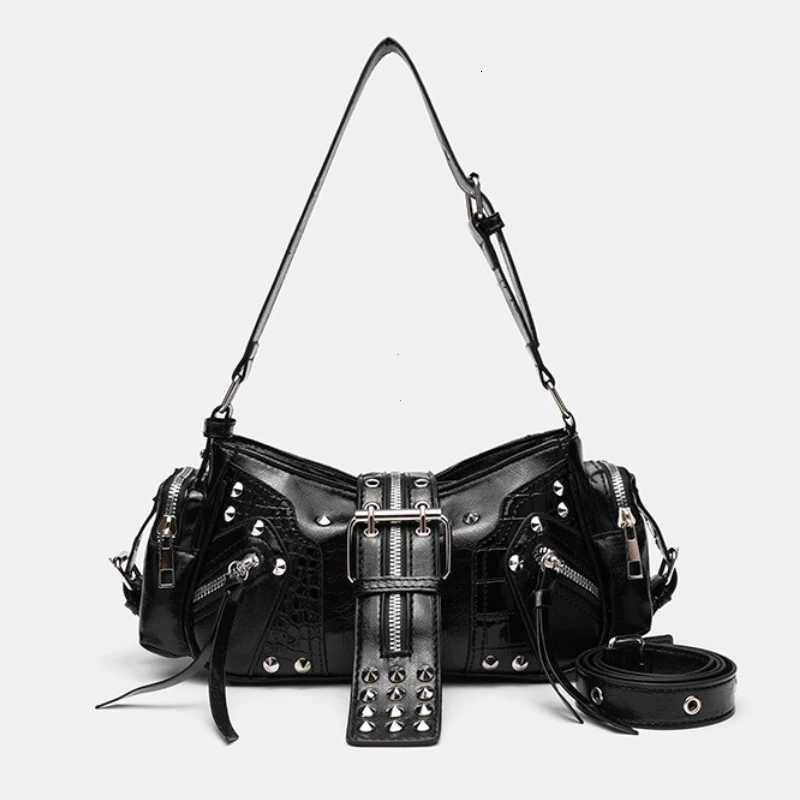 2025 Womens Y2k Punk Vintage Shoulder Purse PU Leather Gothic Rivet Handbag Waist Bag Luxury Black Cross Body Bags with SpikesZ260317