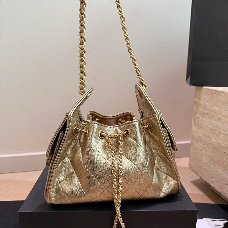25C Mini Pebbled Litchi Shoulder Bag Caviar Leather Drawstring Bucket Hobo Bag Women Designer Silver/Gold Buckle Handbag Diamond Chckered Pattern Purse Pocket 22cm
