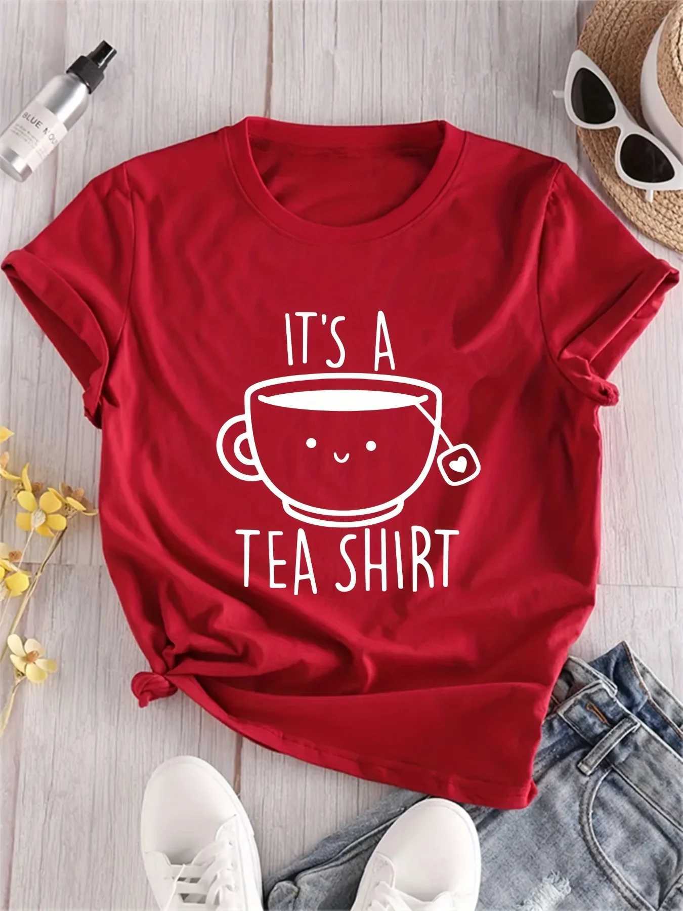WomenS Casual Crew Neck T-Shirt Fashion Tee with Its A Tea Shirt Alphabet Cartoon Teacup Pattern Printed Summer ClothingT260317
