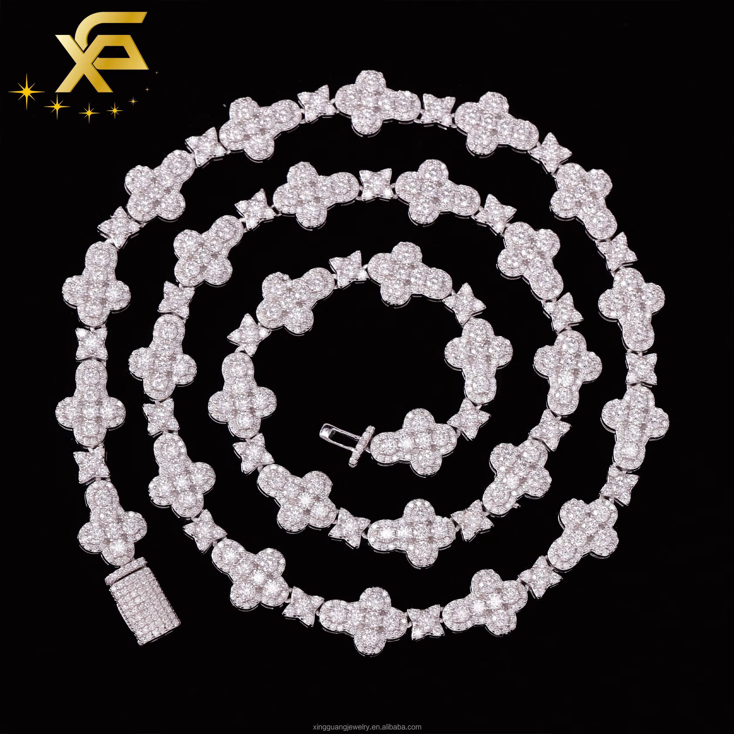 Cross Chain 925 Sterling Silver HipHop 15MM Round D/VVS Moissanite Chain Gold Plated Polished Silver Cuban Link Chain Necklace