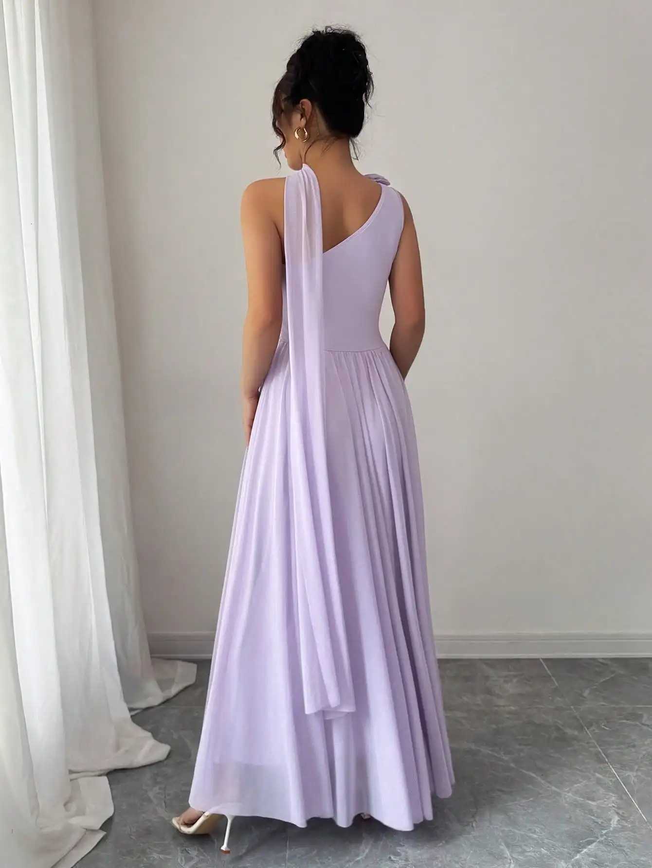 Lavender One-Shoulder Flowing Maxi Dress with Draped Neck and Pleated SkirtXJ260318