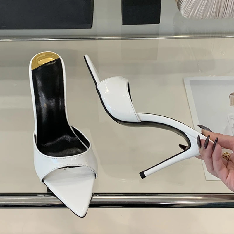 Liyke Summer White Patent Leather Women Slippers Sandals Sexy Leopard Print Pointed Toe Mules High Heels Party Stripper Shoes 260318