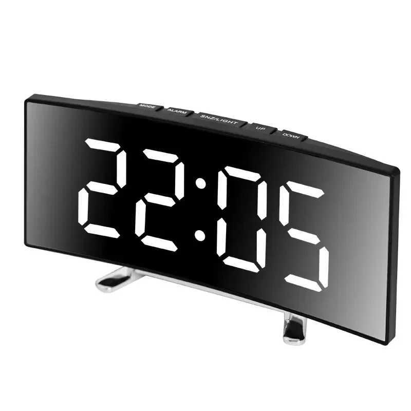 Creative Curved Electronic Clock LED Large Screen Plug-in Battery Dual-purpose Mirror Alarm Clock Student Bedroom Dedicated D260318