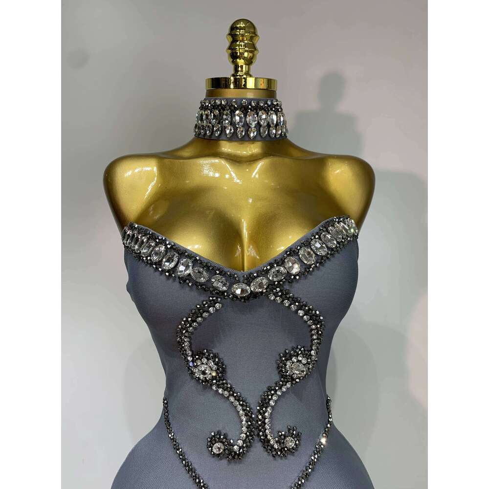 High Quality Strapless Beading With Necklace Bandage Dress Celebrity Elegant Evening Party Fancy Club Birthday Dresses Gowns Dress Elegant