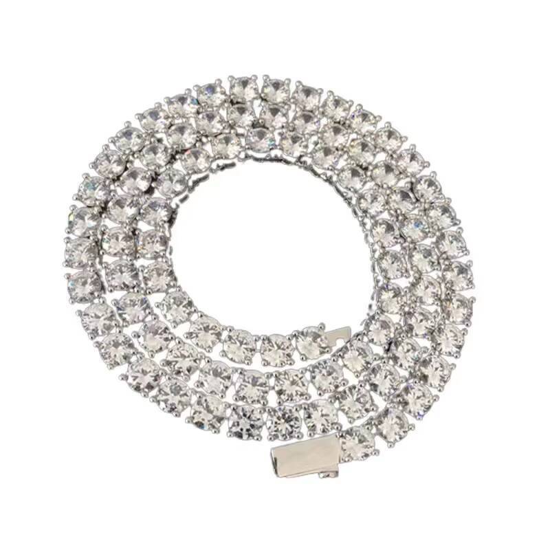Moissanite CZ Tennis Chain Hip Hop Style Round Brilliant Cut Diamond Vvs Gold Plated 925 Silver Plated Necklace