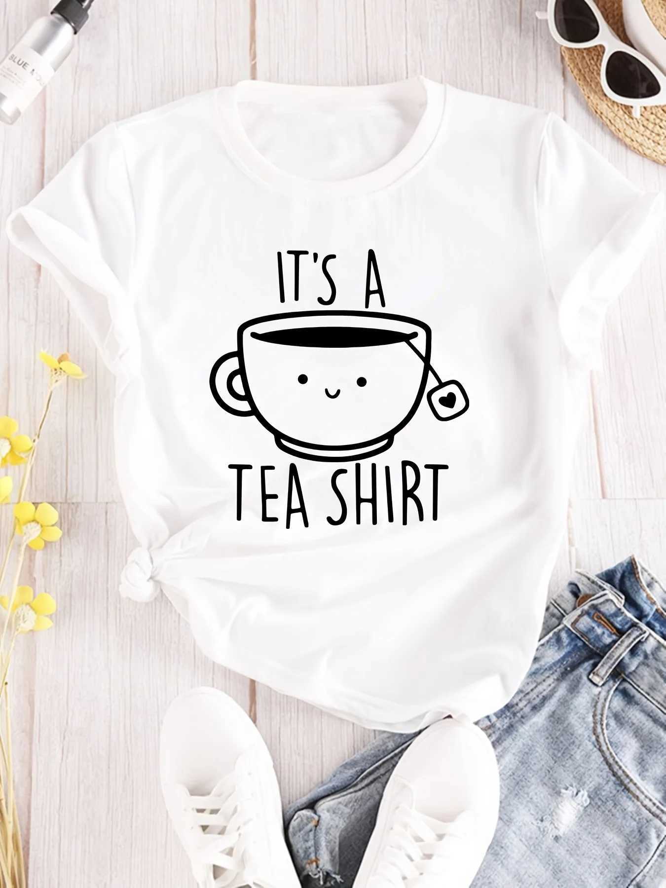 WomenS Casual Crew Neck T-Shirt Fashion Tee with Its A Tea Shirt Alphabet Cartoon Teacup Pattern Printed Summer ClothingT260317