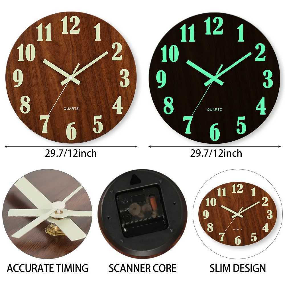 12 Inch Luminous Wall Clock Wood Silent light in dark night Nordic Fashion Wall Clock Non Ticking Clock With Night Light D260318