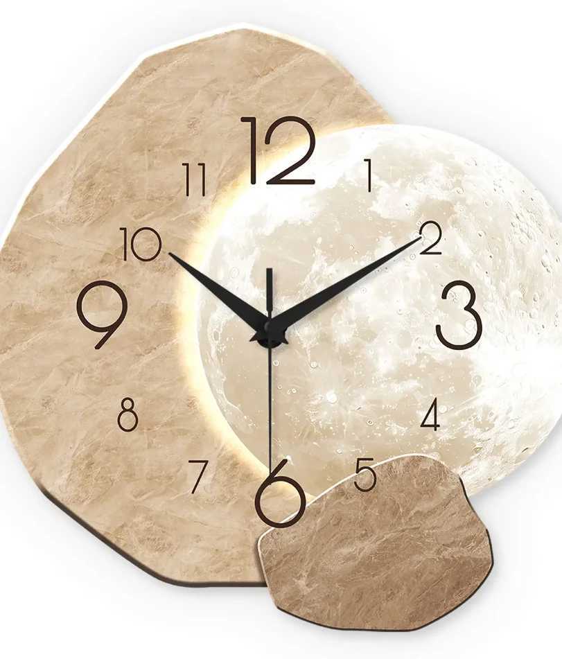 Modern Simple Silent Wall Clock Moon Design - Quartz Movement Wooden Material for Bedroom Living Room or Office Decoration D260318