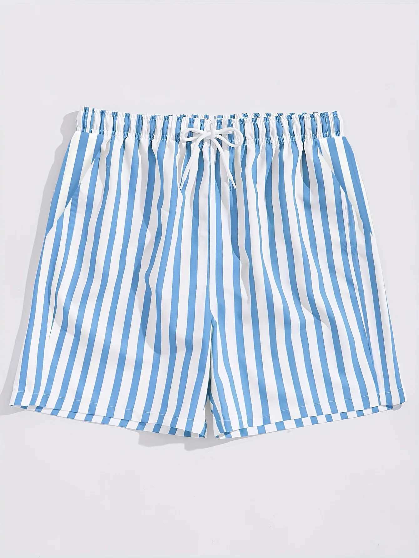Mens Light Blue White Striped Swim Shorts with Elastic Drawstring Waist Breathable Quick-Dry Summer Outdoor Activities M260318