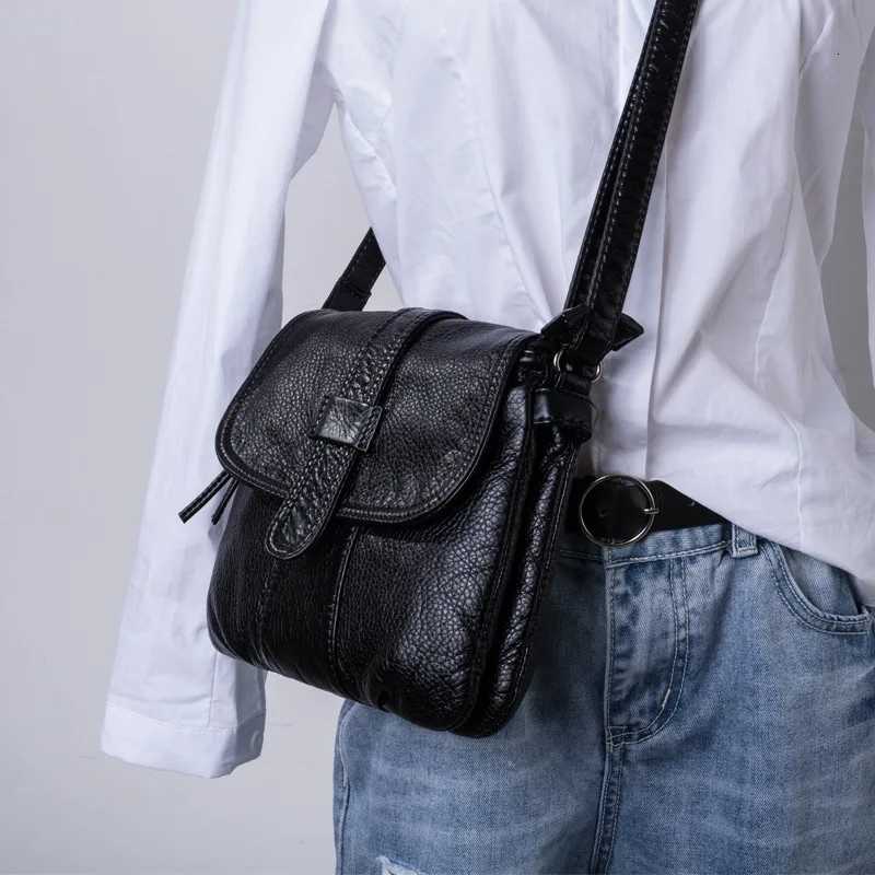 Annmouler Fashion Women Crossbody Bag Black Soft Washed Leather Shoulder Bag Small Size Messenger Bag Quality Lady PurseZ260317