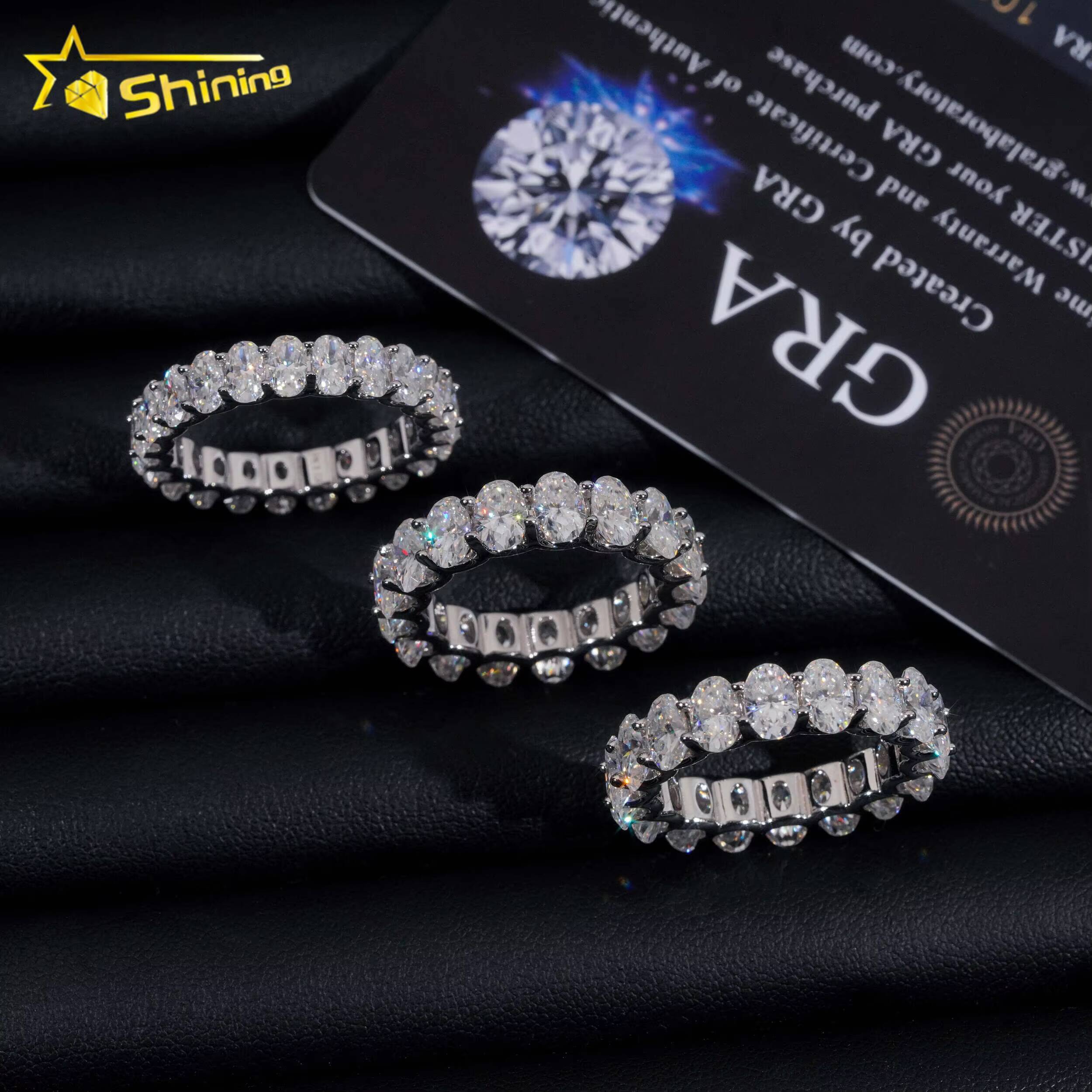 New GRA Certificate 925 Sterling Silver Gold Plated Fine Jewelry Iced Out Diamond Oval Moissanite Hip Hop Eternity Band Ring