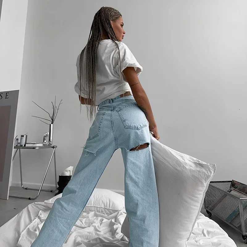 DRC Female Fashion All-match Denim Trousers Spring 2024 New Simple Casual All-match Slim Hot Girl Ripped JeansT260317