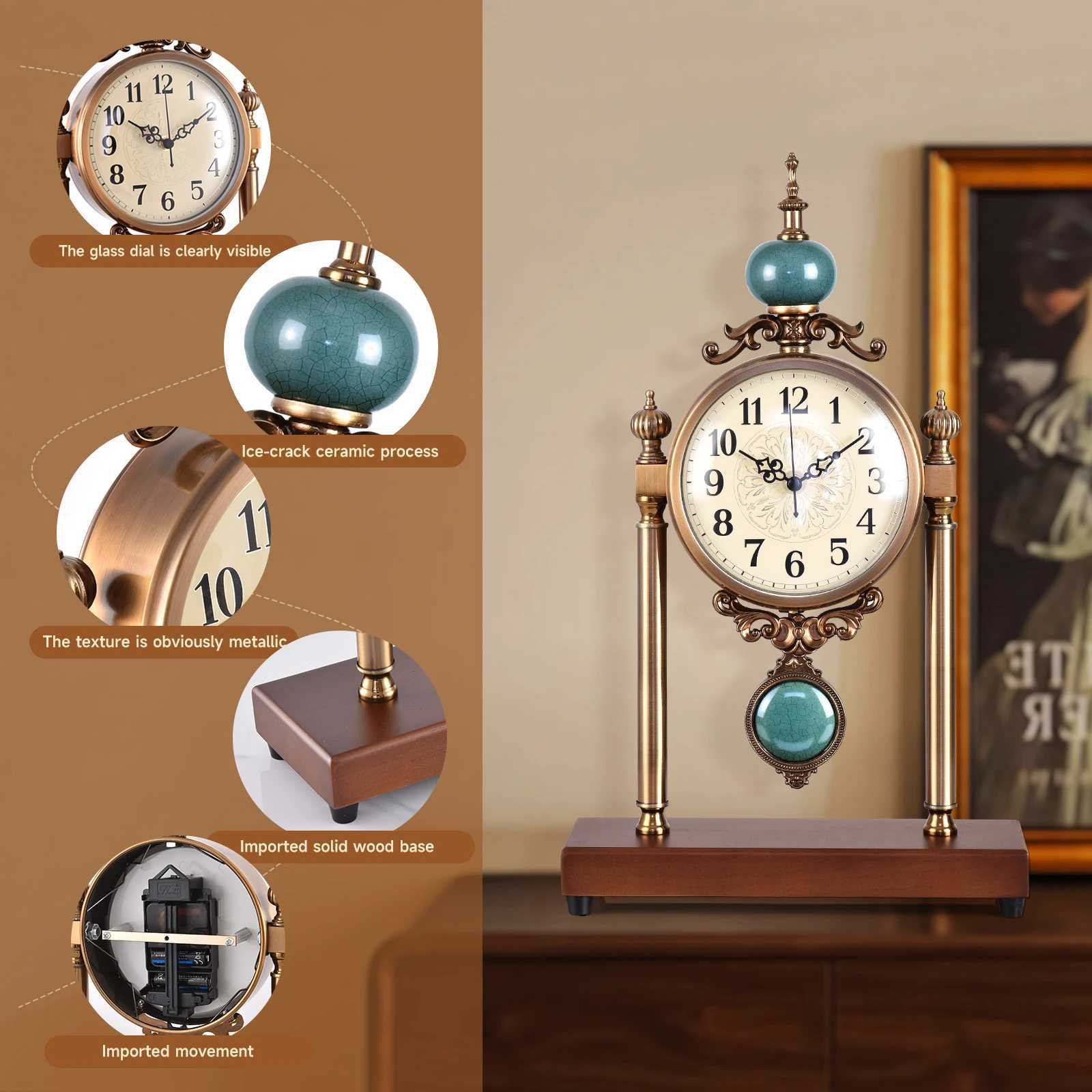 Vintage Fireplace Mantel Clock Silent Retro Desk Clock for Living Room Walnut Base with Metal Surface Antique Shelf Pendulum D260318
