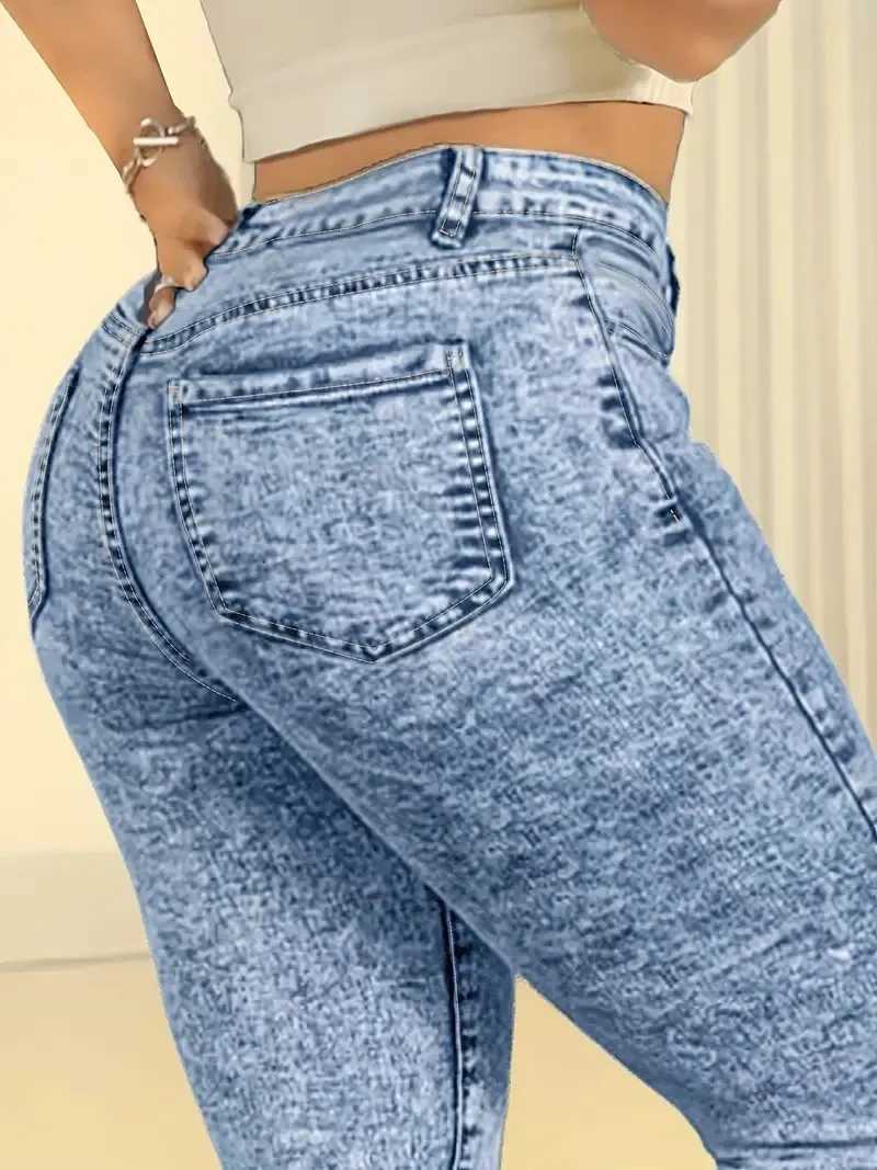 Womens casual high waist elastic slim butt lift tight feet fashionable simple washing snowflake nine-point jeansT260317