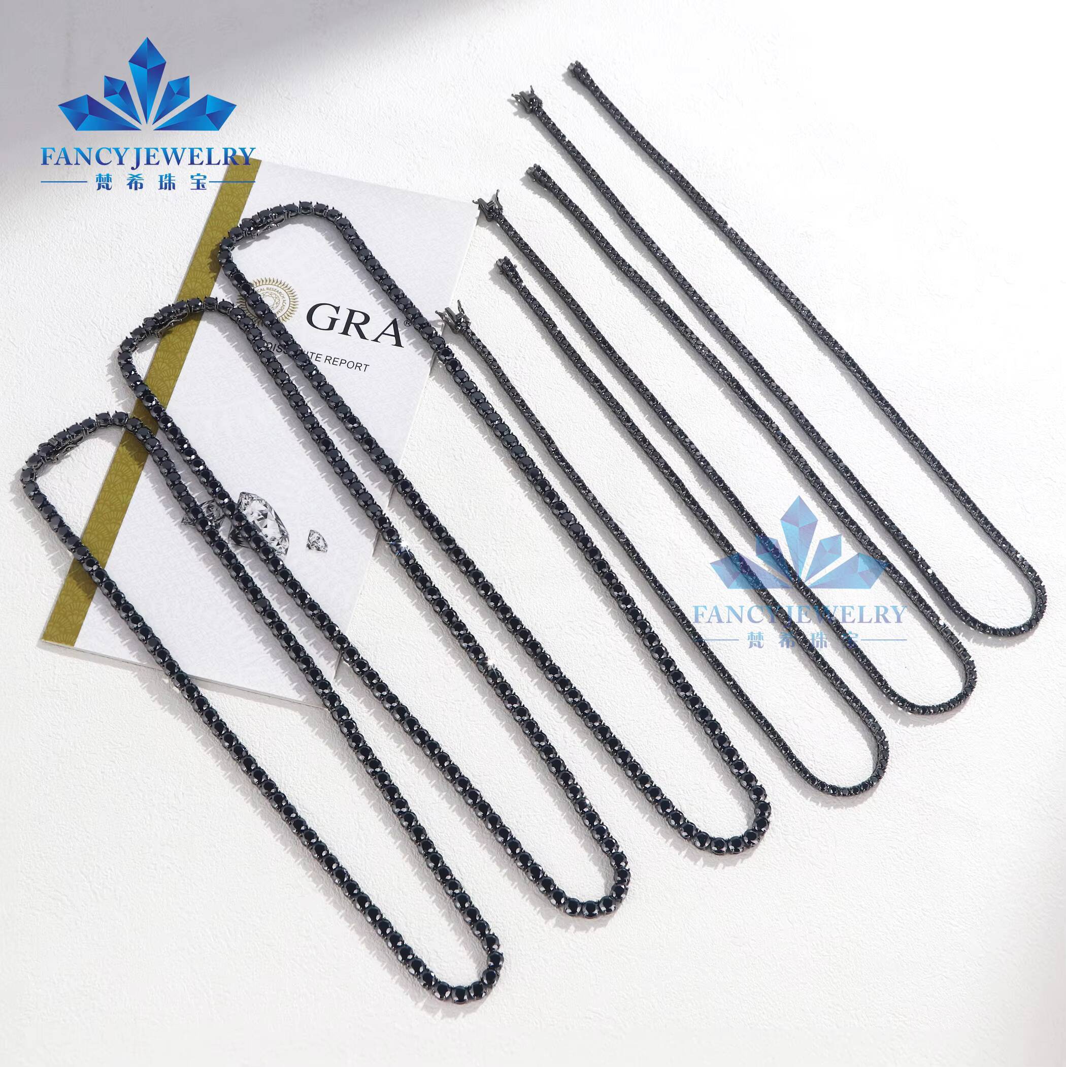 2025 Black Rhodium Plated 3mm-5mm 925 Sterling Silver Moissanite Tennis Chain Iced Black Moissanite Diamond Tennis Necklace