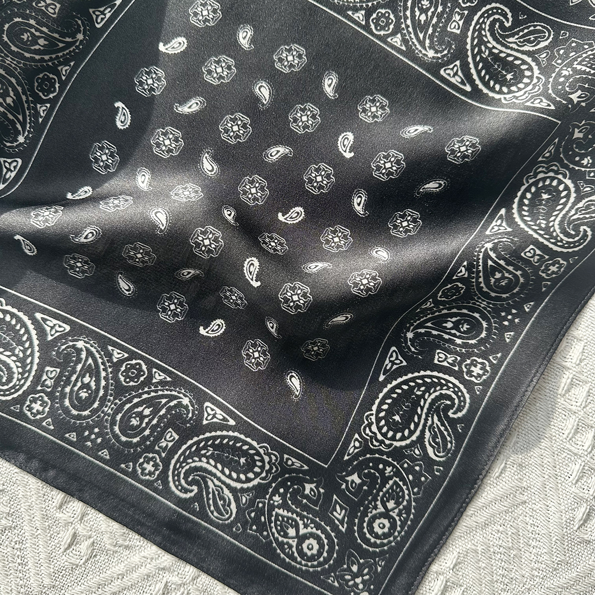 Black fashion silk scarf for women in spring. New style silk square scarf for neck protection and small headband.