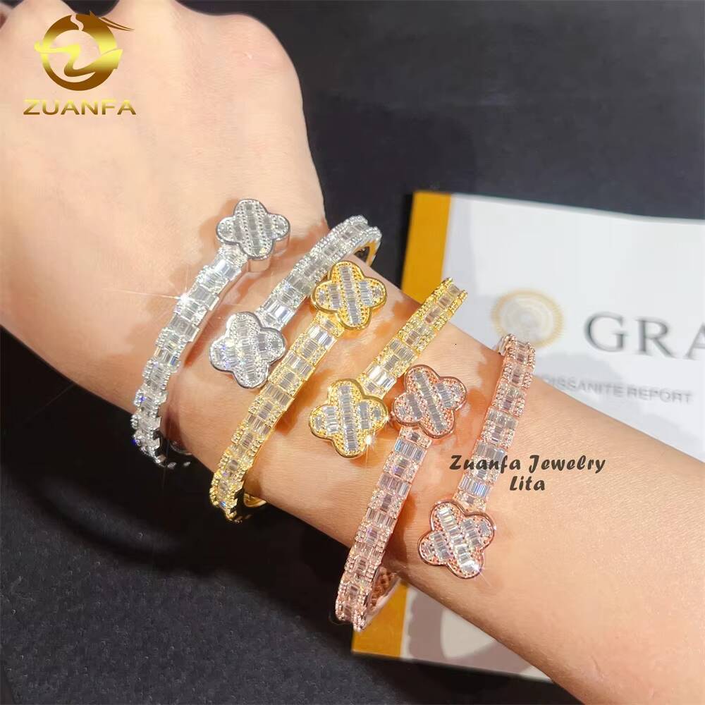 925 Sterling Silver Fashion Jewelry Four Leaf Clover Hip Hop Moissanite Diamonds Gold Plated Bracelet Bangles