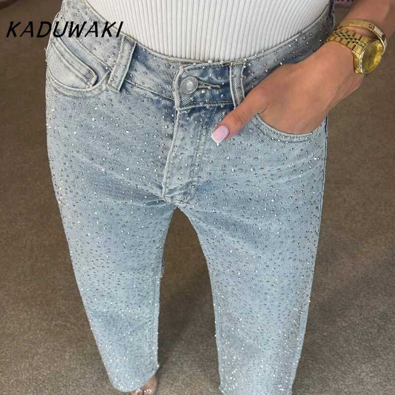 KADUWAKI American Retro Women Diamonds Pants Stretch High Waist Washed Distressed Pockets Chic Denims Streetwear Female TrousersT260317