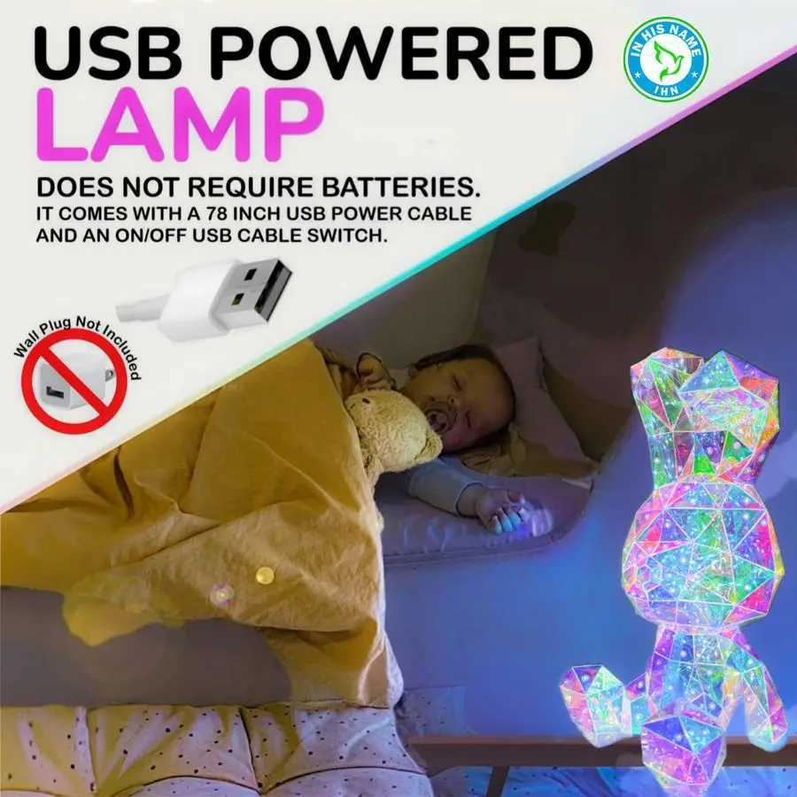 His Name LED Bunny Night Light Holographic Rainbow Easter Rabbit Lamp Bedside Bunny Light Kids Decoration Boys and Girls Night L H260318