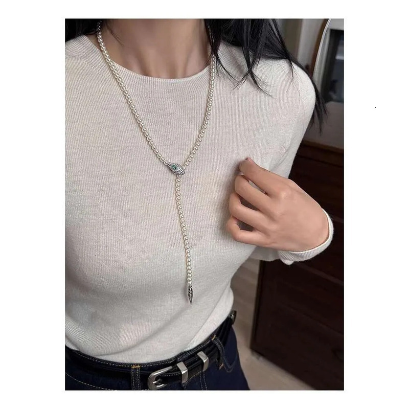 Women Gray Pearl Multi-Strand Long Sweater Chain Snake Motif Multi-Wear Statement Necklace Autumn Winter Layering