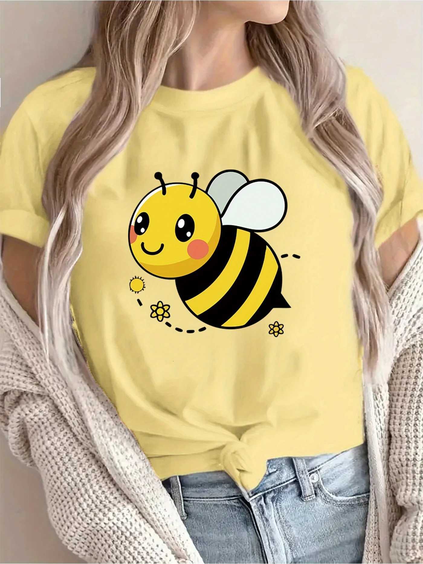 Womens Casual Short Sleeve T-Shirt Cute Cartoon Bee Floral Print Breathable Round Neck Tee for Spring/SummerT260317