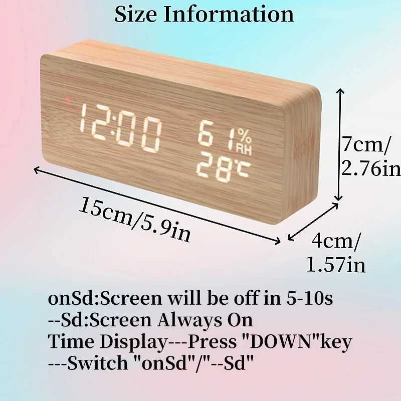Voice Control Wood Digital Alarm Clock TEMP Humidity Date Night Mode Table Clock 3 Alarms Power Outage Memory 12/24H LED Clock D260318