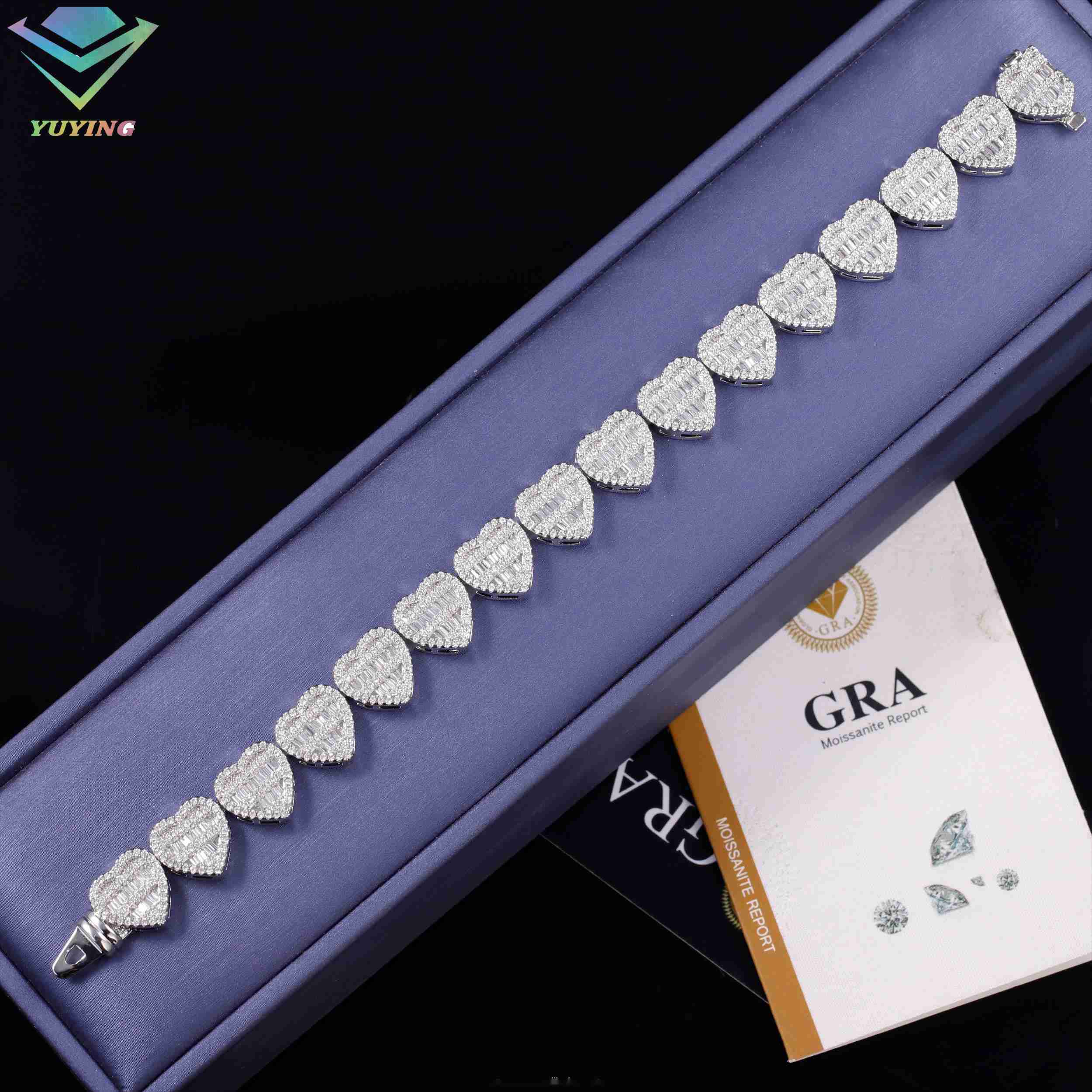 Hot Sale Fashion Hiphop Jewelry Heart Moissanite Link Cuban Chain Ice Out 925 Silver Baguette Diamond Hip Hop Bracelet - view 4