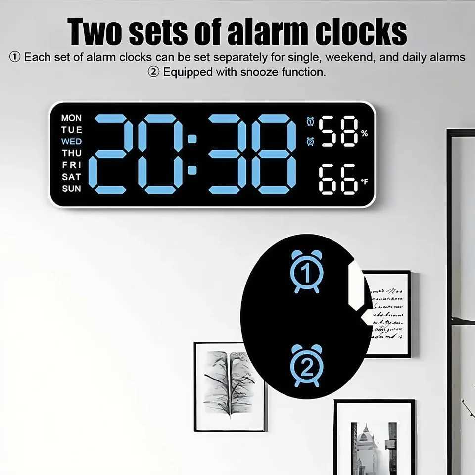 LED Digital WallDesk Alarm Clock 12/24h/3 levels Dimming/Date/Day of Week/Temp DisplayBattery or USB Powered for HomeOffice D260318