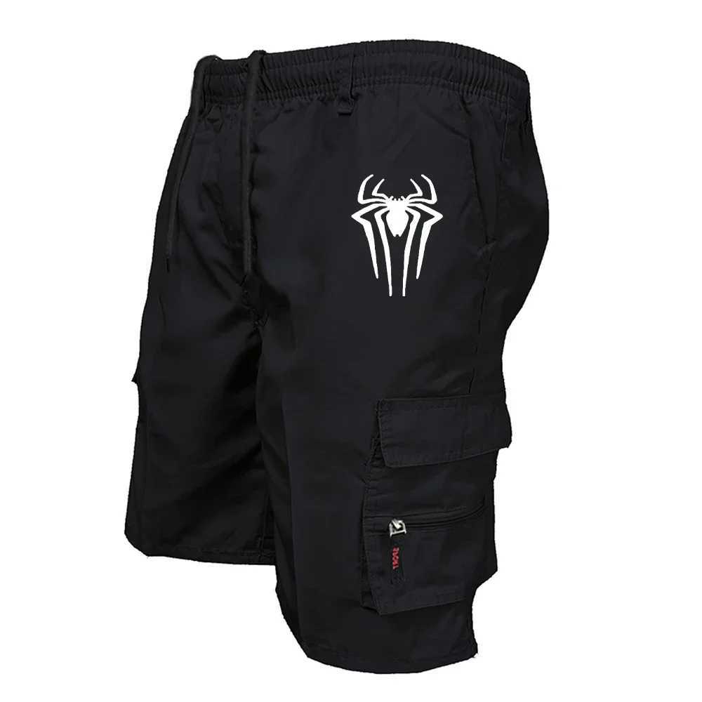 Mens Spider Print Cargo Shorts Male Outdoor Overalls Elastic Waist Cycling Shorts Multi-pockets Loose Work Beach Sports Shorts M260318
