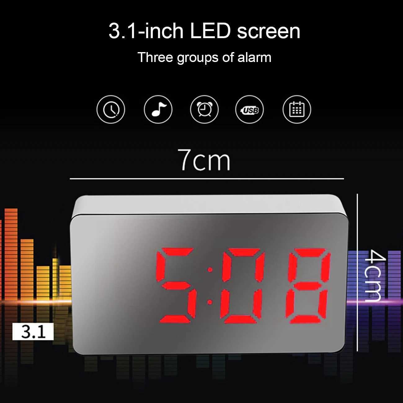 LED Digital Mirror Alarm Clock Mini Clock Multifunctional Snooze Display Time Night LCD Light Table Desktop USB 5v/No Battery D260318