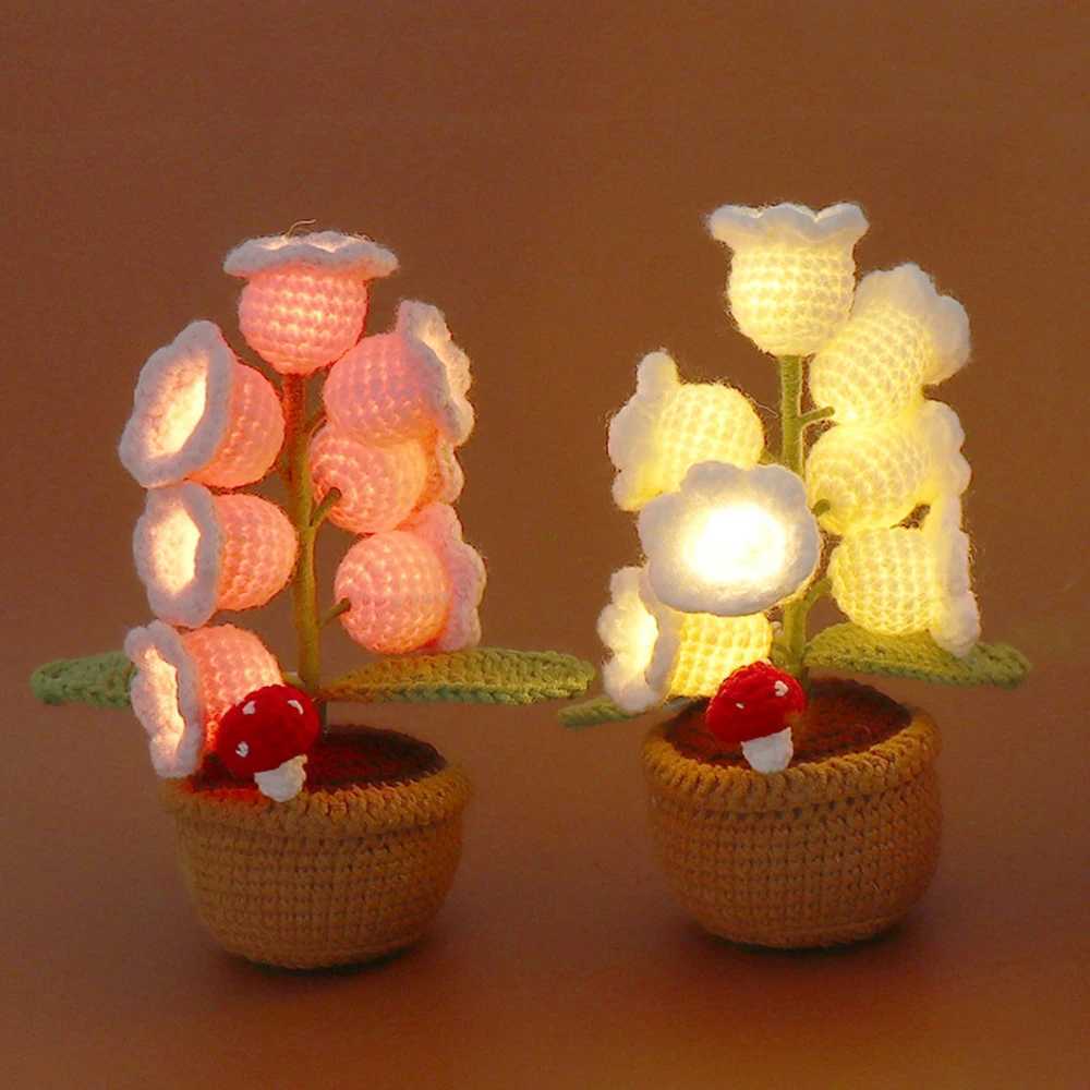 Knitted Bell Orchid With Light Creative Crochet Flowers Potted Handwoven Fake Flower Party Table Decor Mothers Day Gift H260318