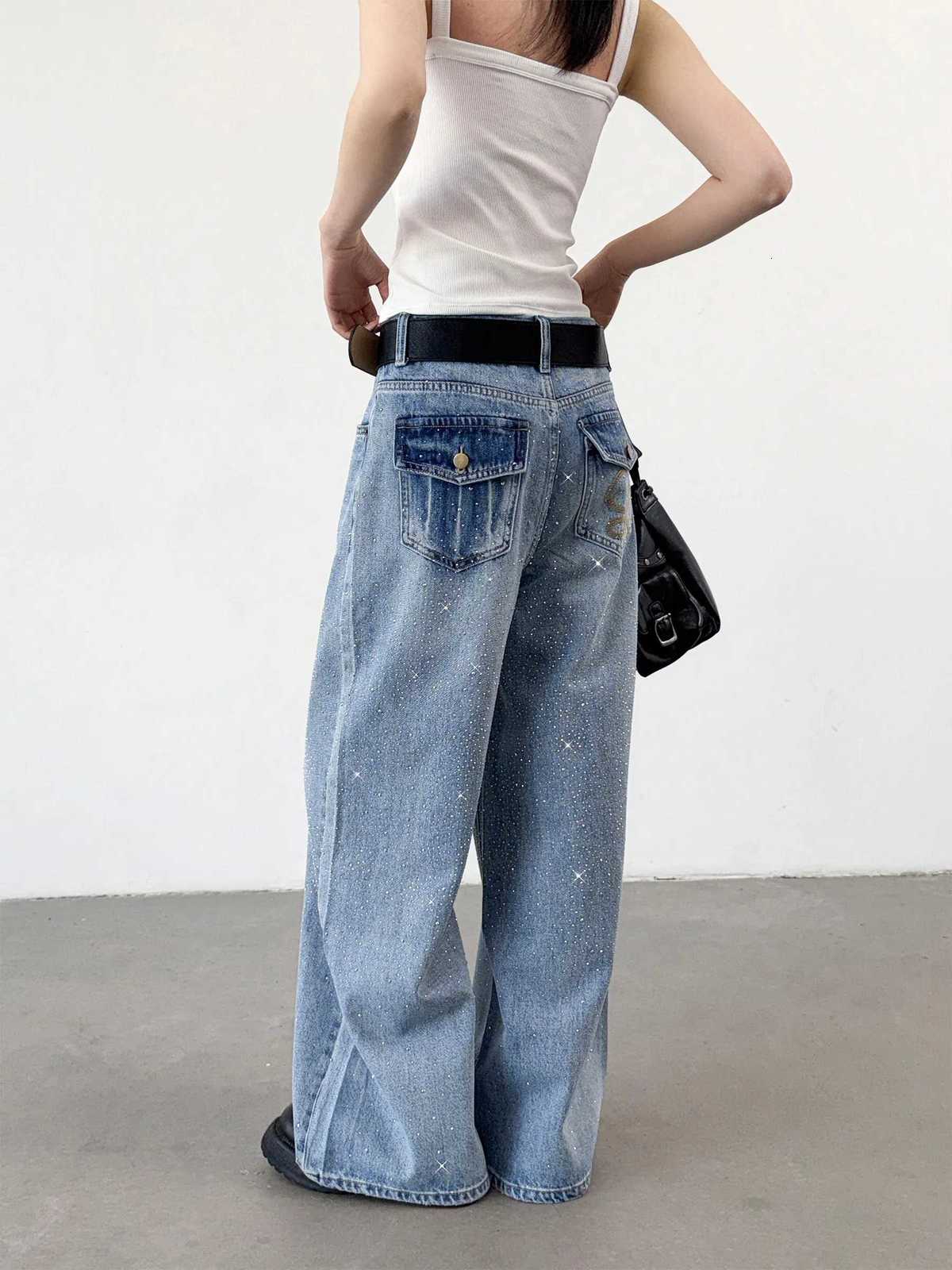 CHIC VEN Fashion Women Jeans Blue Loose New Design Hotfix Rhinestone Female Straight Leg Denim Pants Spring Autumn 2026T260317