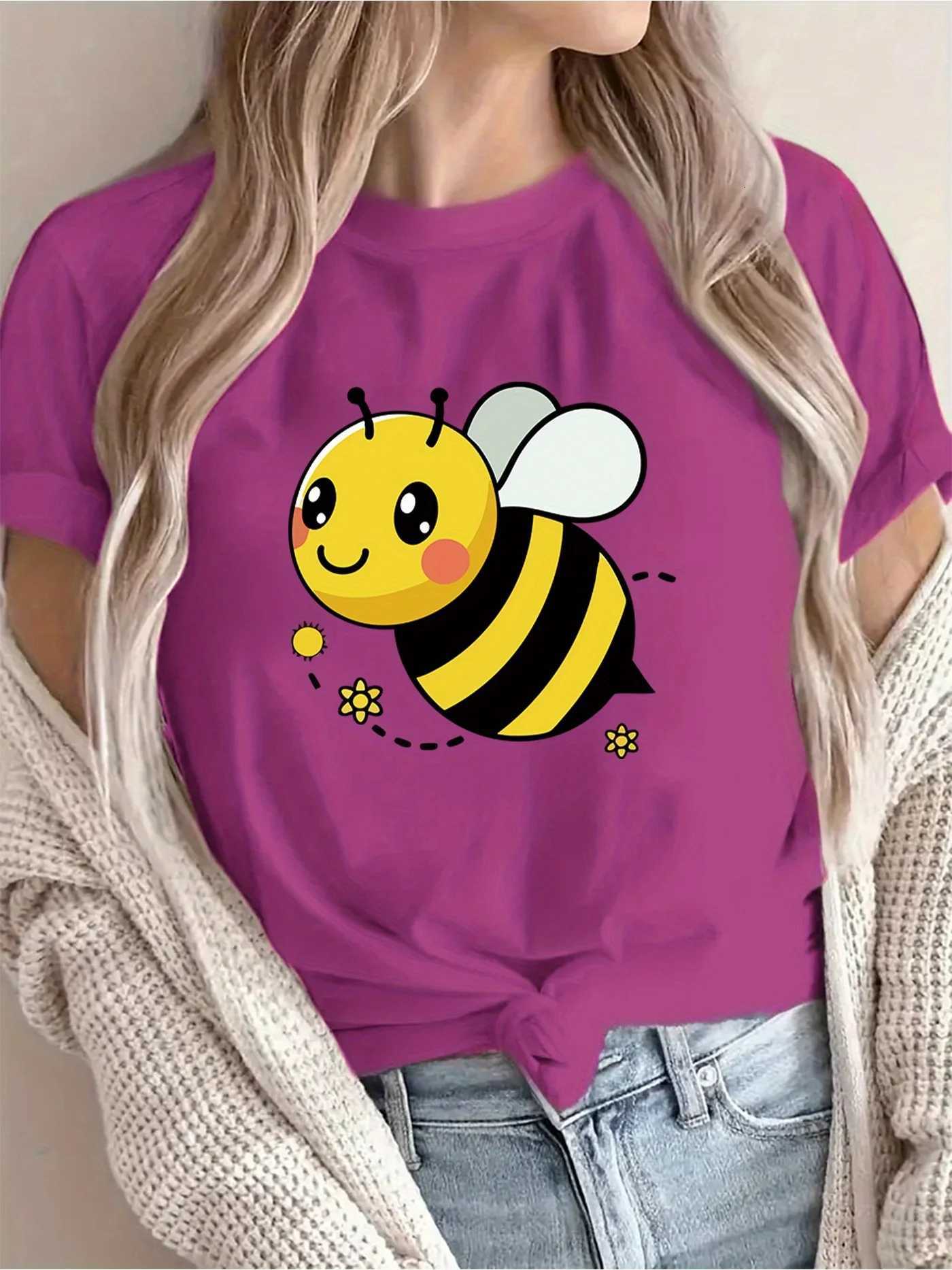 Womens Casual Short Sleeve T-Shirt Cute Cartoon Bee Floral Print Breathable Round Neck Tee for Spring/SummerT260317