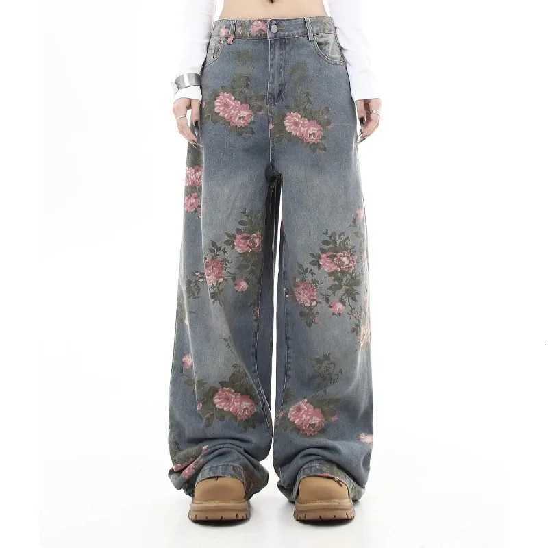 Womens Blue Flower Baggy Jeans Y2K Japanese Harajuku High Street Aesthetic High Waist Wide Leg Retro Jeans Pants Clothing 2025T260317
