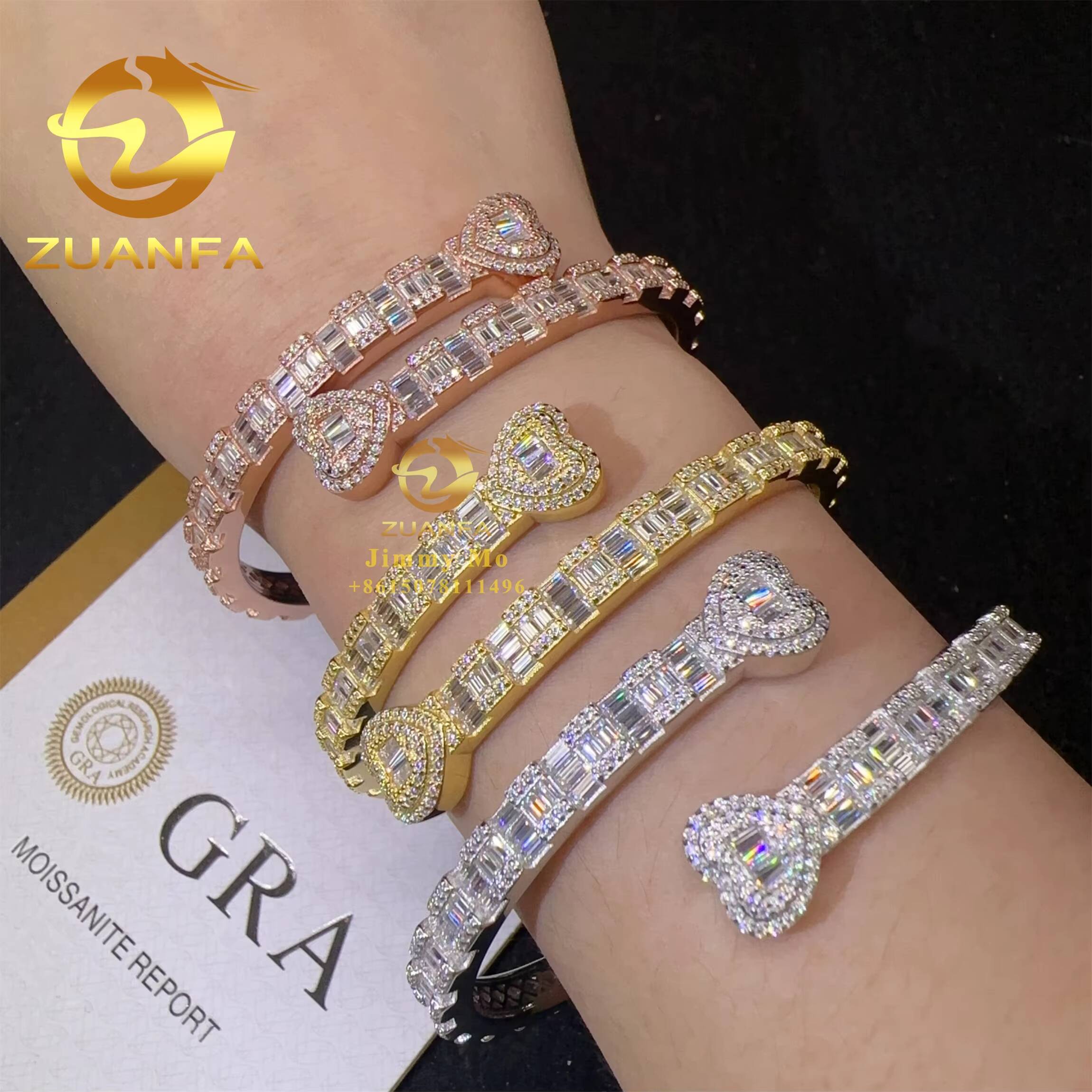 Heart Shape Style GRA Certificates 925 Silver Iced Out Hip Hop Jewelry VVS1 Baguette Moissanite Diamond Bracelet Bangles