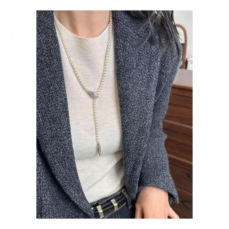 Women Gray Pearl Multi-Strand Long Sweater Chain Snake Motif Multi-Wear Statement Necklace Autumn Winter Layering