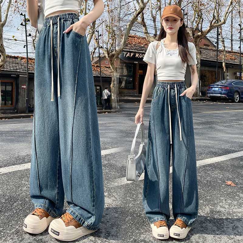 2026 Spring New Womens Trendy Wide Leg Jeans High Waist Slimming Drawstring Tie Elastic Waist Floor-Length Curved Sickle PantsT260317