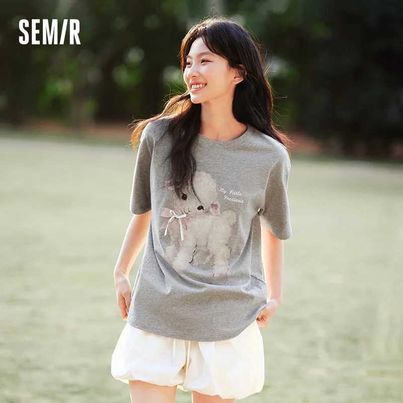 Semir Bowknot Longline T-Shirt Women Loose Fit Cotton 2025 Summer New Cute Graphic Top for Teen GirlsT260317