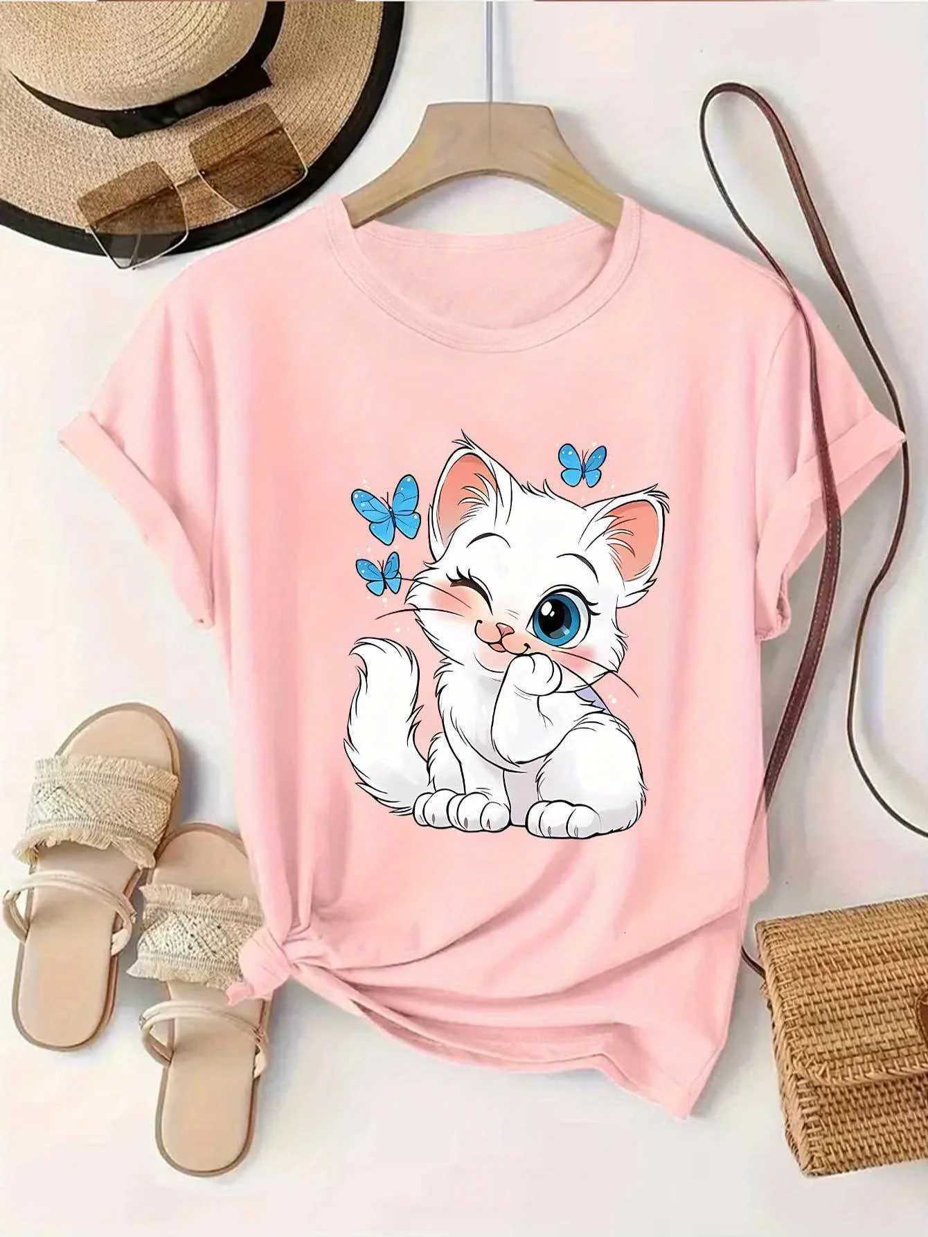 Women Summer Print T Shirt Short Sleeve Round Neck Cute Cartoon Kitten Butterfly Graphic Tees for Casual Daily WearT260317