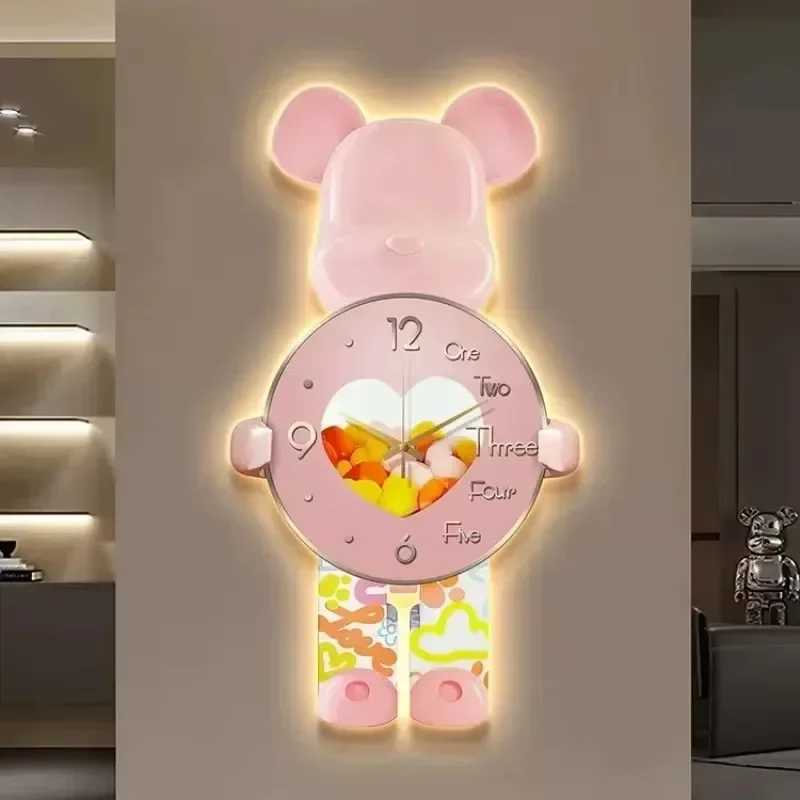 Wall Aesthetic Bear Clocks LED Lamp Unique Bear Wall Silent Light Clock Luxurious Living Room Porch Decor Interior Ornament D260318