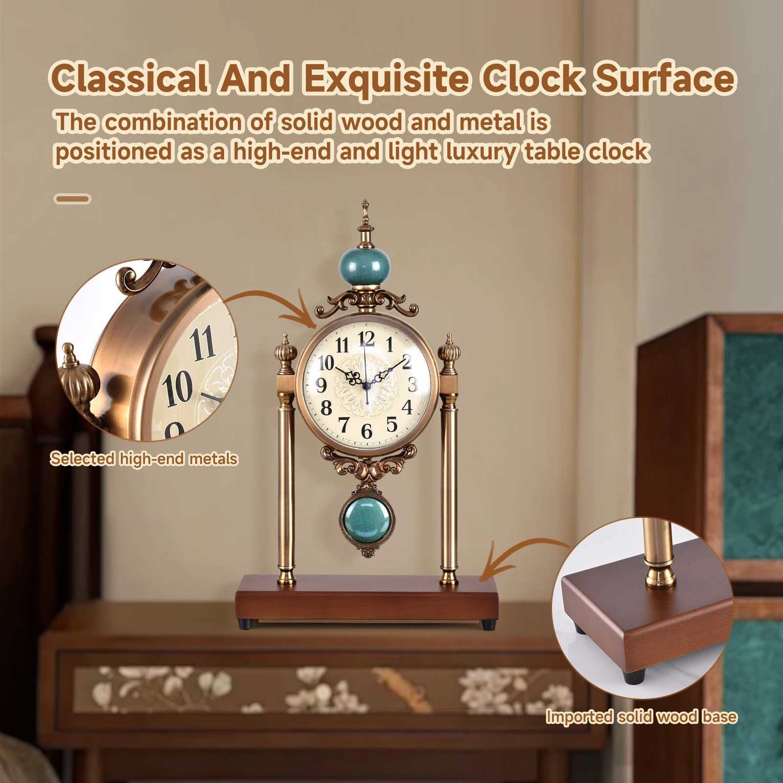 Vintage Fireplace Mantel Clock Silent Retro Desk Clock for Living Room Walnut Base with Metal Surface Antique Shelf Pendulum D260318