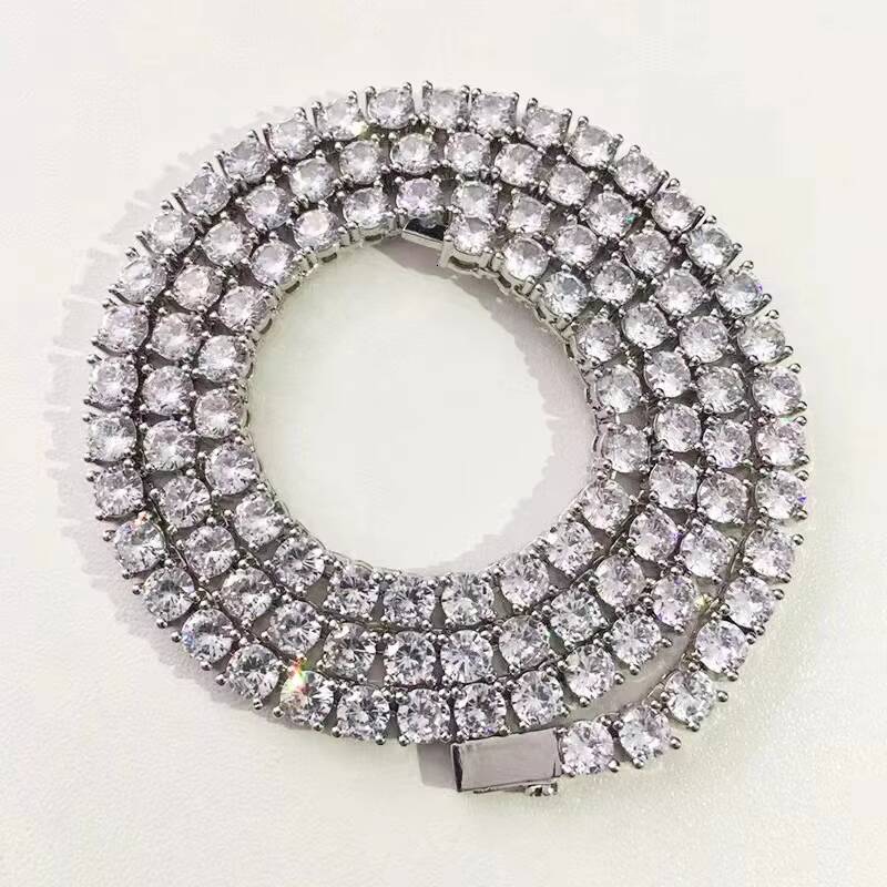 Moissanite CZ Tennis Chain Hip Hop Style Round Brilliant Cut Diamond Vvs Gold Plated 925 Silver Plated Necklace