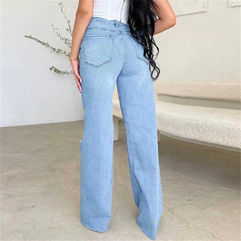 Women Knee Broken Holes Trend Straight Jeans Fashion Comfortable Casual High Waist Denim Pants Female Loose Wide Leg Trousers 24T260317