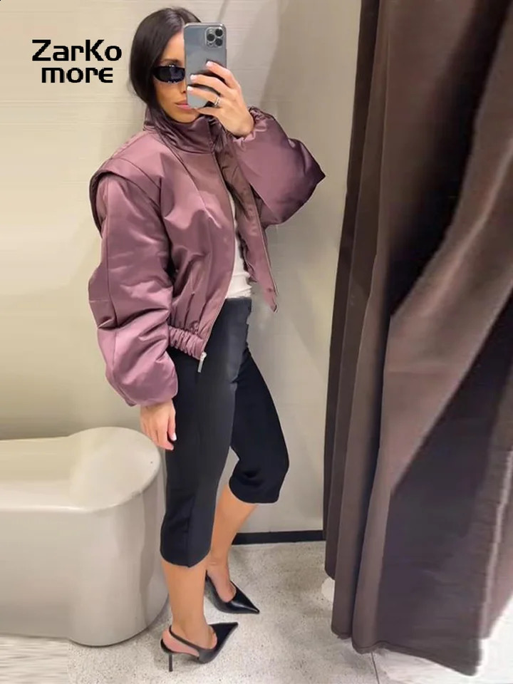 Fashion Y2K Satin Bomber Jacket Women Mauve Puff Sleeve Cropped Zip Up Casual Outerwear 2026 Spring Lady Chic Street Coats 260318