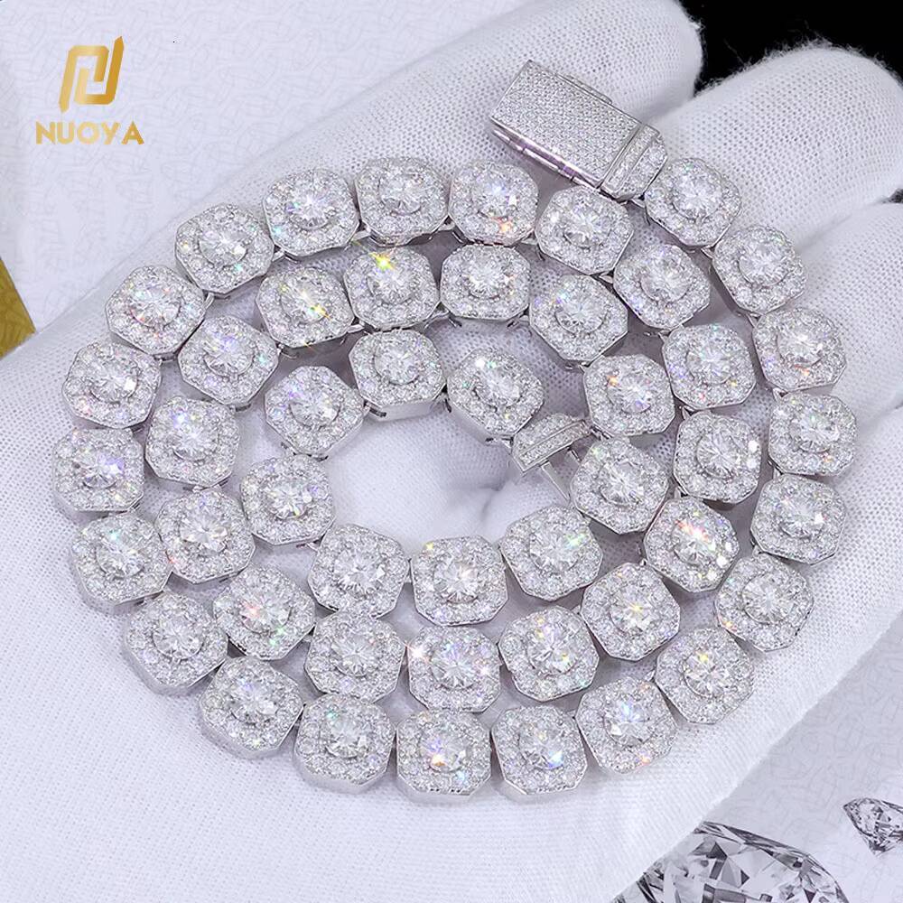 NUOYA 10mm 12mm Iced Out VVS Moissanite Tennis Chain 925 Sterling Silver Clustered Tennis Chain Hip Hop Necklace for Men Women
